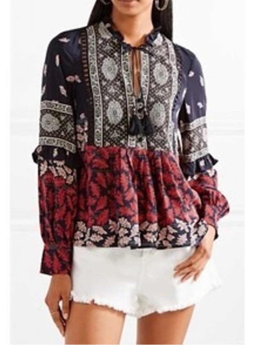Sea New York Eloise 100% Silk Navy Red Mixed Print Peasant Blouse Long Sleeve 6